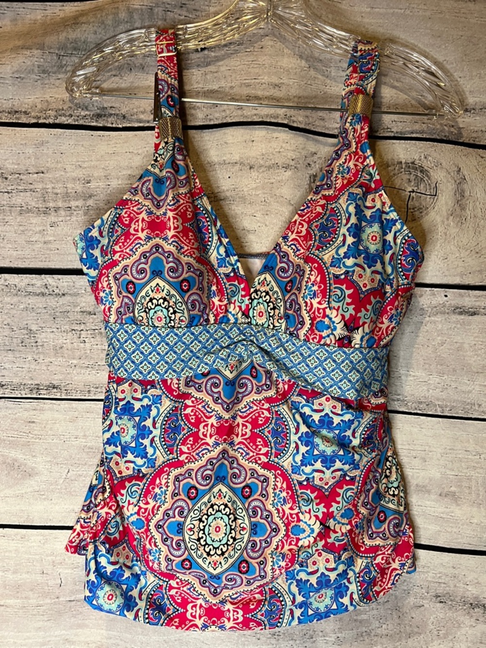 Alex Marie Paisley Ikat Swim Tankini Top Pink Blue Print Boho Gold Metal Accents